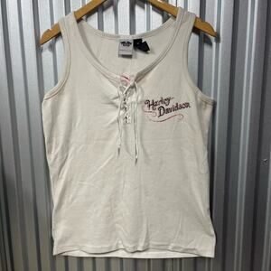 VTG Y2K Harley Davidson White Womens Double Sided Tank Lace Top SZ M
